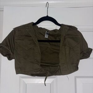Y2K Olive Cropped Utility Jacket Tie Front XS S